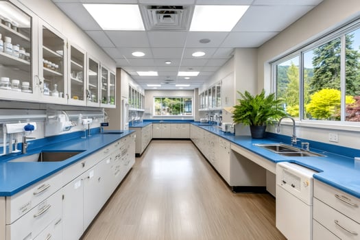 Modern laboratory showing blue counter tops and storage cabinets photo