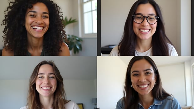 Four happy multicultural diverse friends young women talk during online virtual chat call in group conference practicing social distance virtual meeting via computer vid Act 22 photo