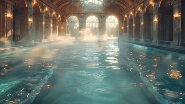 Indoor pool in grand hall with arched windows steam and reflective water for travel and lifestyle photo
