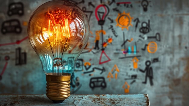 Bright idea light bulb with colorful doodle background for business and innovation photo