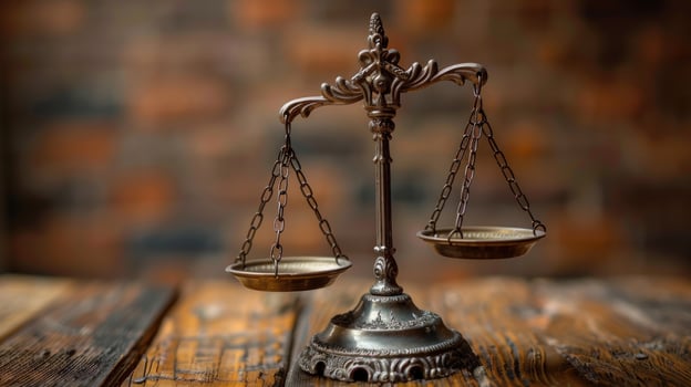 Antique balance scale on wood for legal concept photo