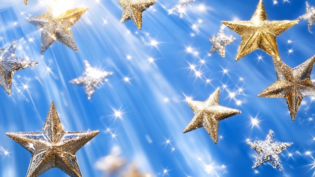 Golden stars falling blue sky, light rays, festive background photo