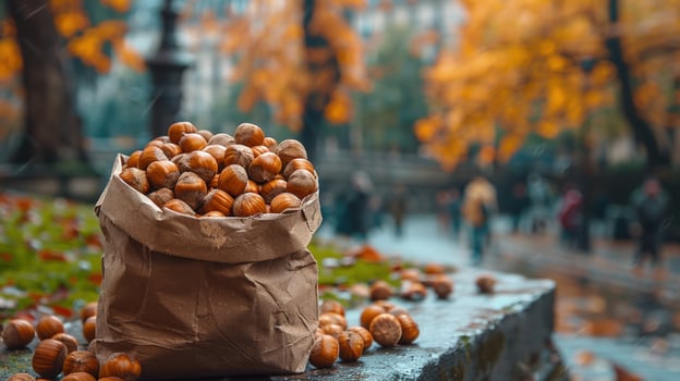 Hazelnut harvest overflowing from paper bag in autumn outdoor setting photo