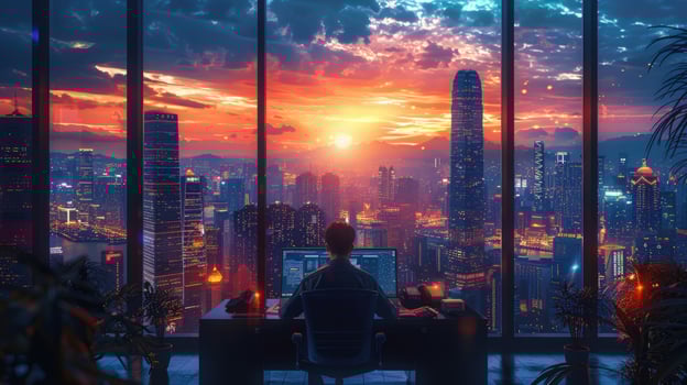 City view workspace at sunset for remote work and technology concepts photo