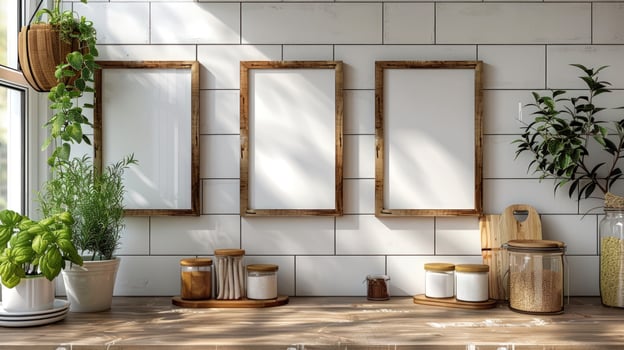 Picture frames on countertop with plants and canisters on white tiled wall for mockup or display photo