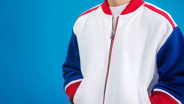 Mans white jacket, blue background, fashion photo