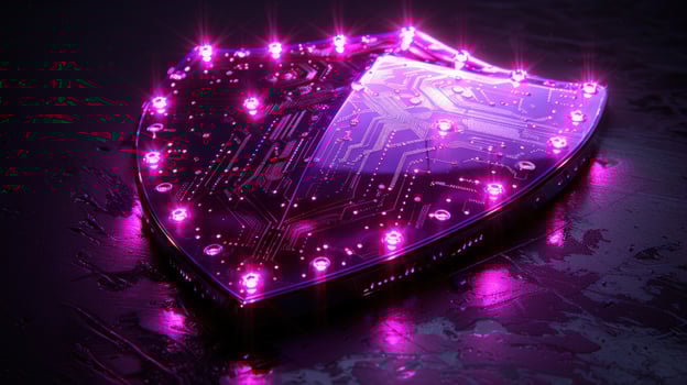 Cyber security shield with circuit board design and glowing lights for digital protection photo