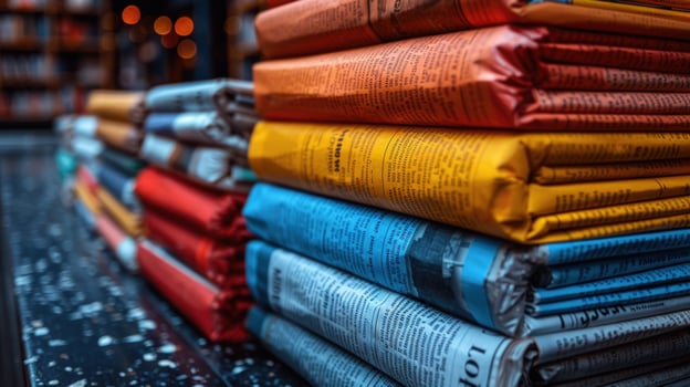 Newspapers stacked with colorful wrappers ready for delivery photo