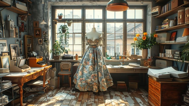Dress form in sunlit studio vintage workspace photo