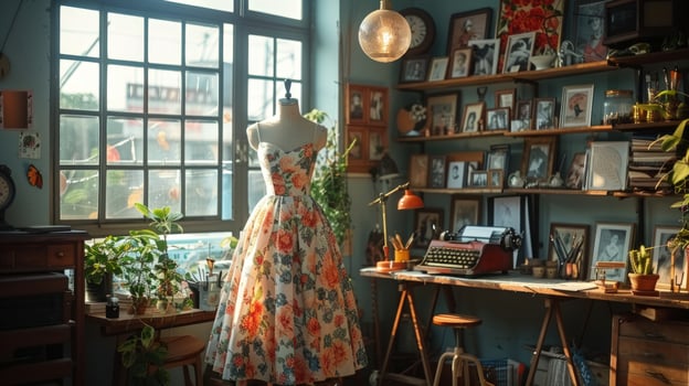 Floral dress on mannequin in vintage room interior with sunlight photo