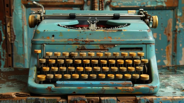 Vintage turquoise typewriter machine on rustic surface photo