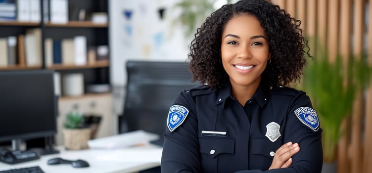 Smiling police officer in office, computers blurred background photo
