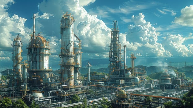 Complex industrial plant under bright sky for energy and chemical production illustration photo
