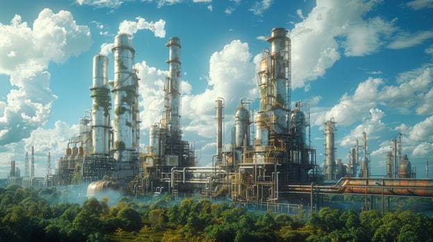 Industrial complex landscape with towers and forest environment photo