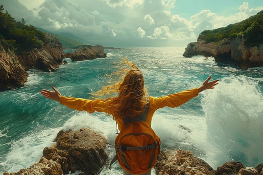 Woman embracing sea adventure coastal exploration vacation scene photo