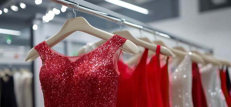 Red sequin dress on rack, boutique background photo