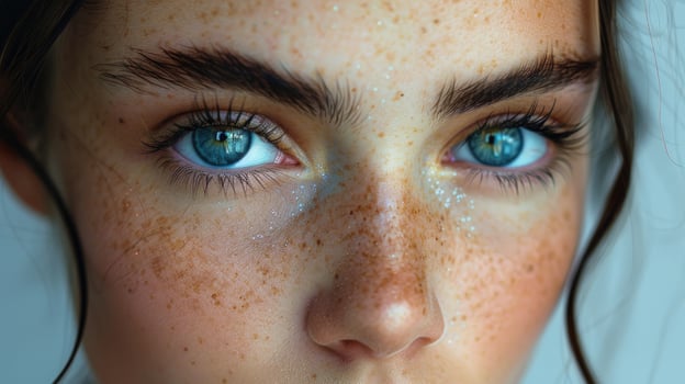 Close up portrait featuring blue eyes and freckled skin photo