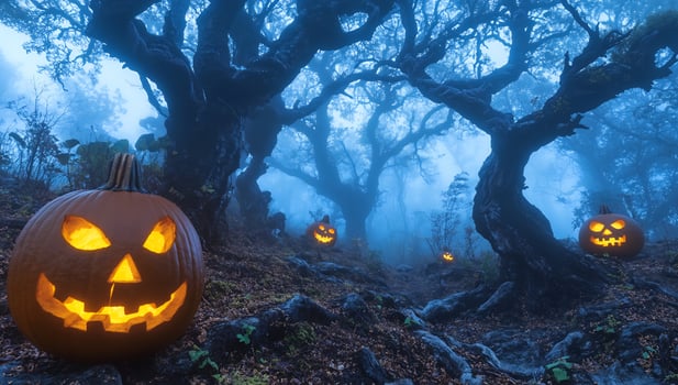 Jackolanterns in foggy forest Halloween scene photo