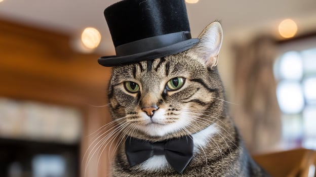 Cat in top hat and bow tie, indoor setting photo