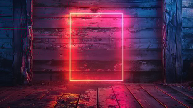 Glowing geometric figure on rustic wooden backdrop photo
