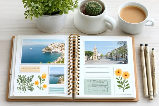Travel photo album with pictures, notes and decorations on table with coffee and plants