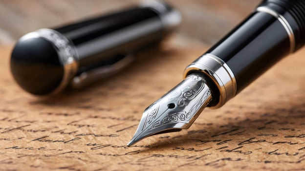 Elegant fountain pen resting on handwritten letter on wooden table.. photo