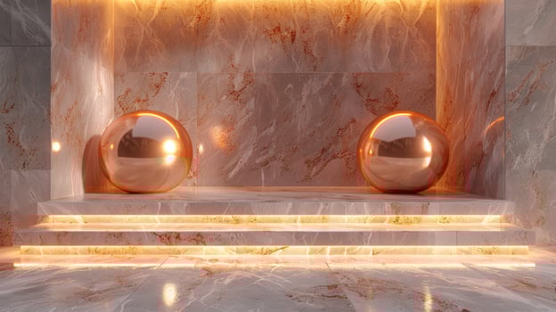 Metallic spheres on illuminated marble platform abstract background photo