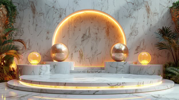 Elegant marble stage with glowing sphere and lights for product presentation photo