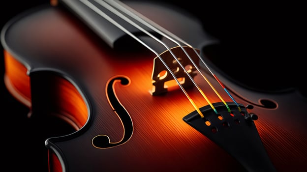 Violin bow and strings creating beautiful music on black background photo