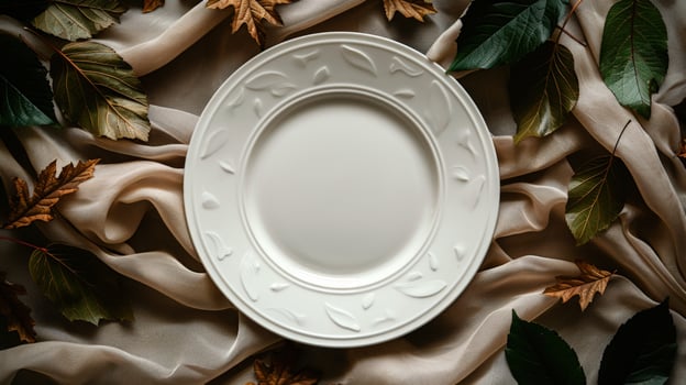Elegant dining empty plate with autumn leaves on fabric background overhead view photo