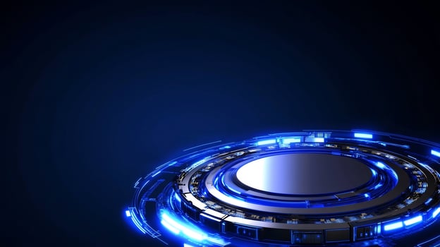 Futuristic blue tech platform, dark background, product display photo
