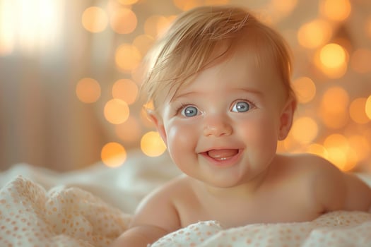 Adorable baby portrait with smiling face and bokeh lights background photo