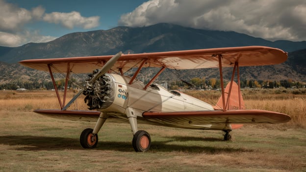 Vintage biplane resting on grass field with mountains in background photo