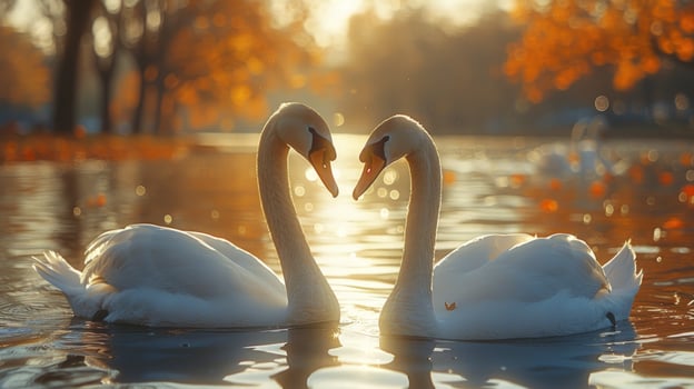 Two swans swim on a lake surrounded by autumn trees in sunlight photo
