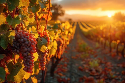 Grape harvest in vineyard at sunset agriculture and wine production photo