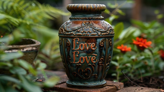 Decorative vase with love script surrounded by lush greenery photo