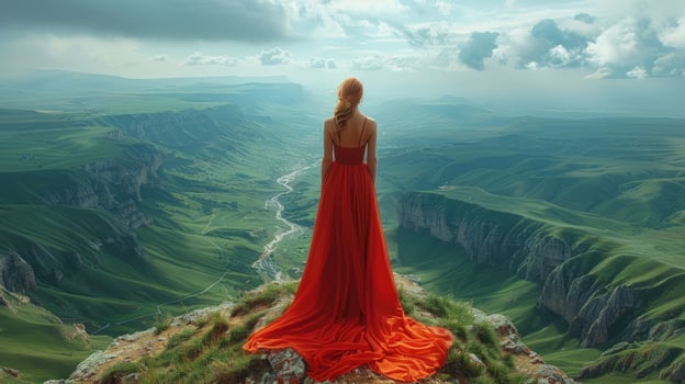 Woman in red dress overlooking green mountain valley landscape photo