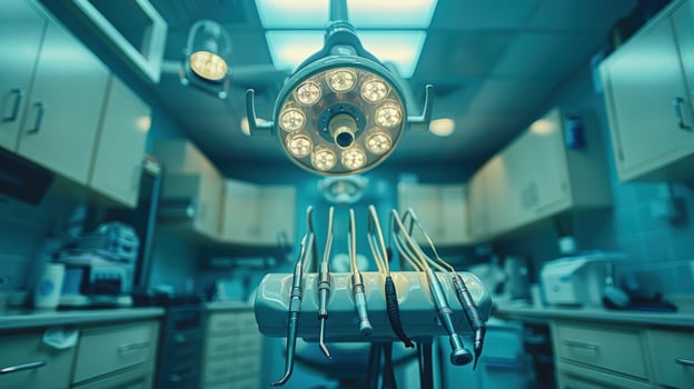 Dental tools and surgical light in a modern clinic healthcare setting photo