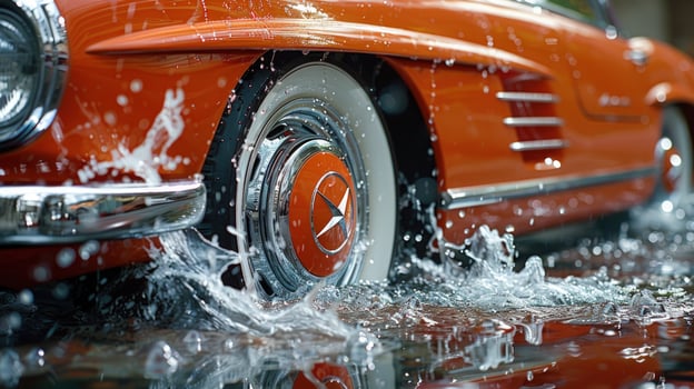 Vintage orange sports car driving through water reflecting chrome and speed photo