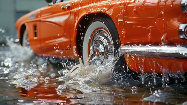 Vintage orange car in water splash transportation automotive vehicle photo