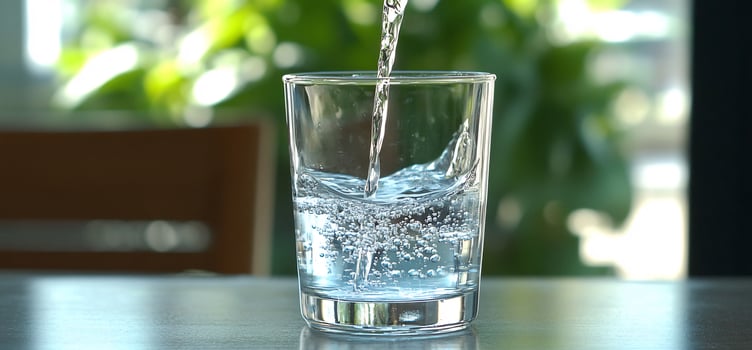 Pouring water into glass, cafe background photo