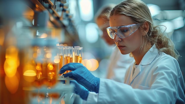 Scientist conducts experiment in lab analyzing test tubes photo