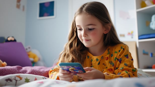 Girl using phone in bedroom photo