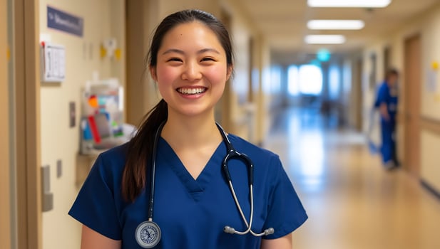Smiling nurse in hospital corridor. Healthcare, medical, wellbeing photo
