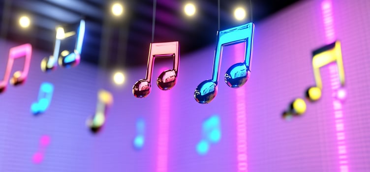 Colorful music notes hang in a vibrant club photo