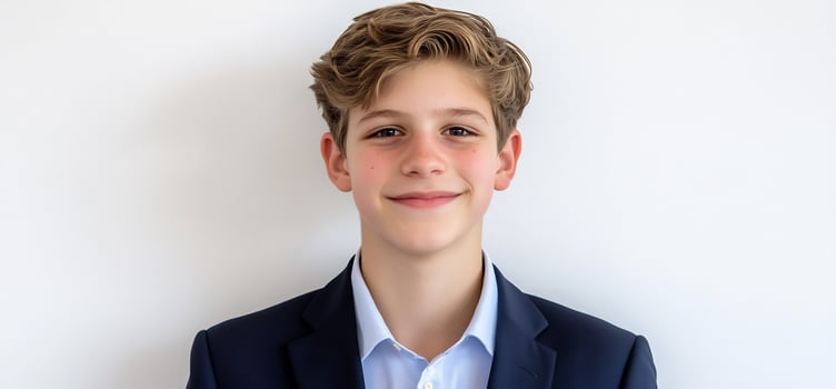 Boy smiling, white background, school photo