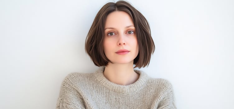 Woman in beige sweater, neutral background. Portrait photo