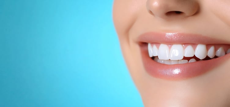 Womans bright smile, blue background, dental health photo