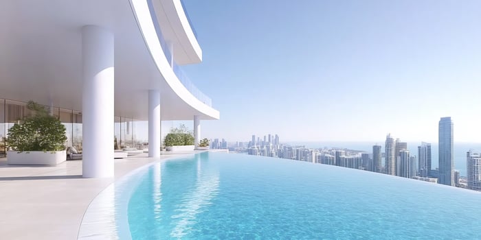 Infinity pool, city skyline view, luxury condo photo