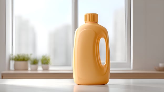 Orange plastic detergent bottle standing on white table by window photo